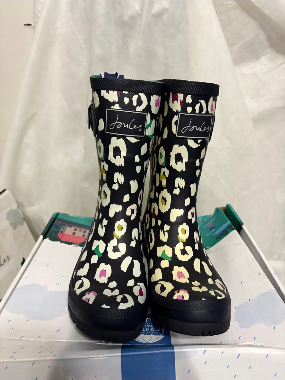 Joules Navy Leopard Print Rain Boots size US 5 NWT